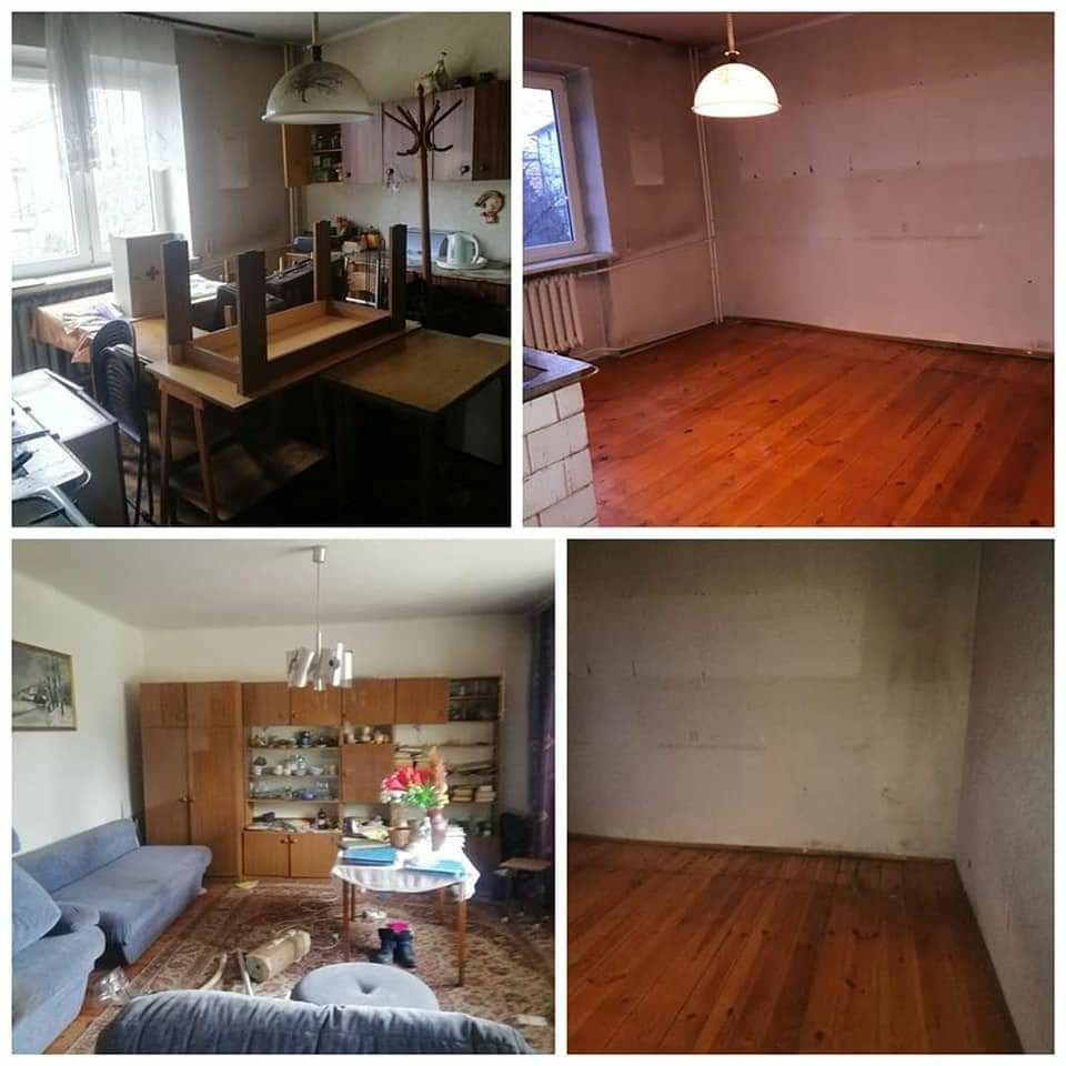 Mozaika zdjęć przedstawiająca wnętrza mieszkania przed sprzątaniem lub remontem: zagracona kuchnia z odwróconym stołem, puste pokoje z drewnianą podłogą, pokój dzienny z meblami i dywanem.