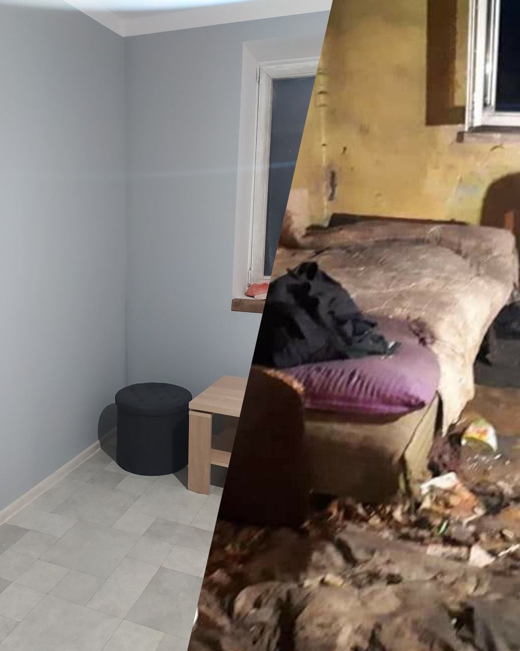 Zdjęcie przedstawia pokój przed i po remoncie: po lewej stronie odnowione wnętrze z szarymi ścianami, jasną podłogą i minimalistycznymi meblami; po prawej stronie zaniedbane pomieszczenie...