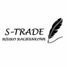Czarno-białe logo firmy 'S-TRADE' z dopiskiem 'Biuro Rachunkowe' i stylizowanym piórem.