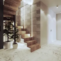 Nowoczesne schody drewniane bez poręczy, podświetlane, prowadzące na wyższą kondygnację, z roślinami doniczkowymi w białych donicach i marmurową podłogą.