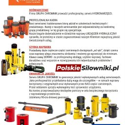 Grupa Chromnik - Hydrauliczne narzędzia różnych marek, w tym siłowniki, pompy i cylindry, prezentowane na białym tle z logo firm serwisowych i informacjami kontaktowymi.