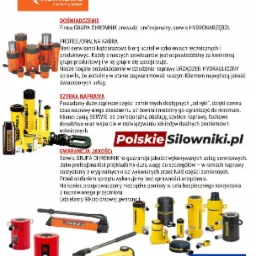 Hydrauliczne narzędzia różnych marek, w tym siłowniki, pompy i cylindry, prezentowane na białym tle z logo firm serwisowych i informacjami kontaktowymi.