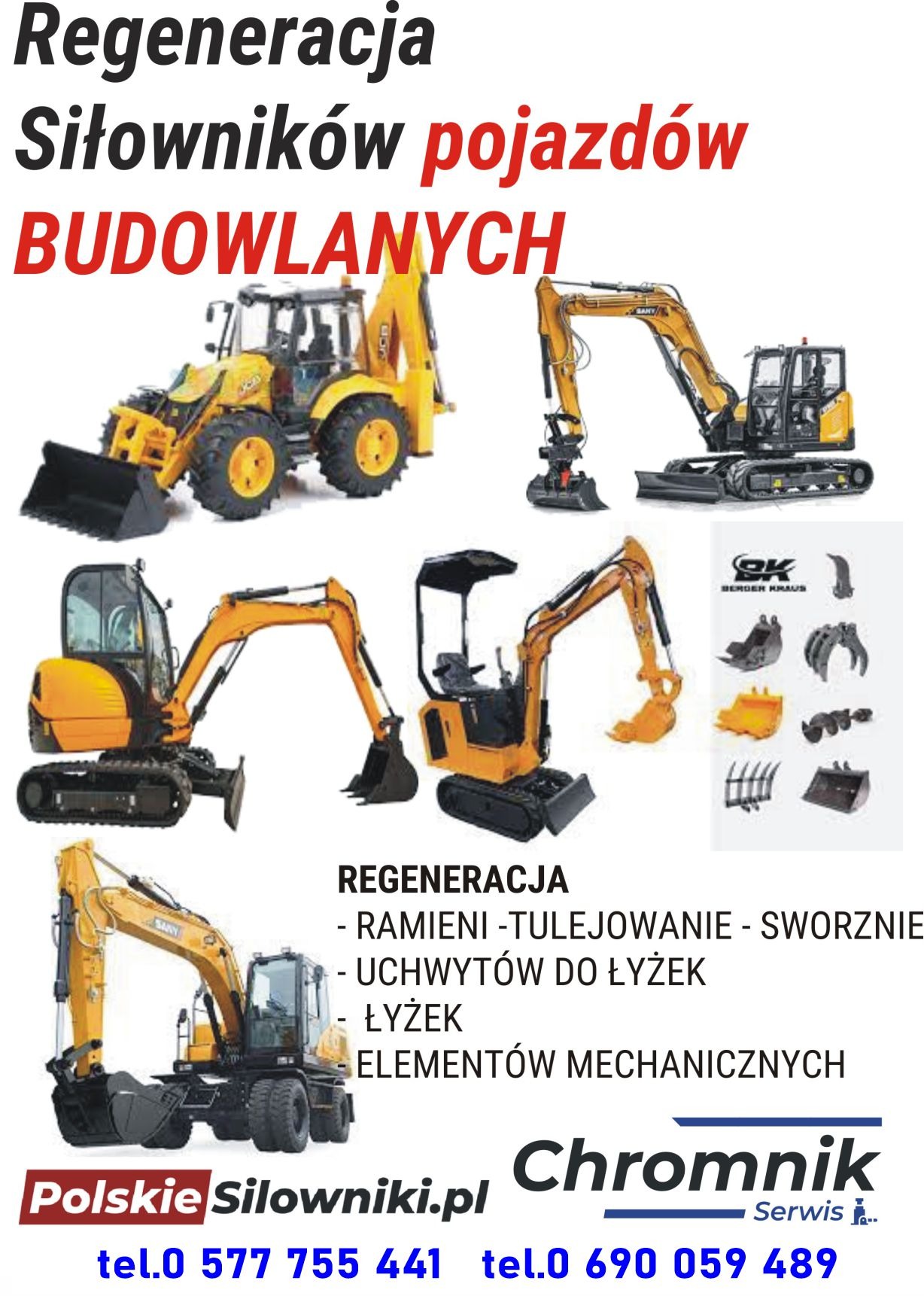 Reklama firmy z Gdańska oferującej regenerację siłowników pojazdów budowlanych, prezentująca różne modele koparek i osprzętu.