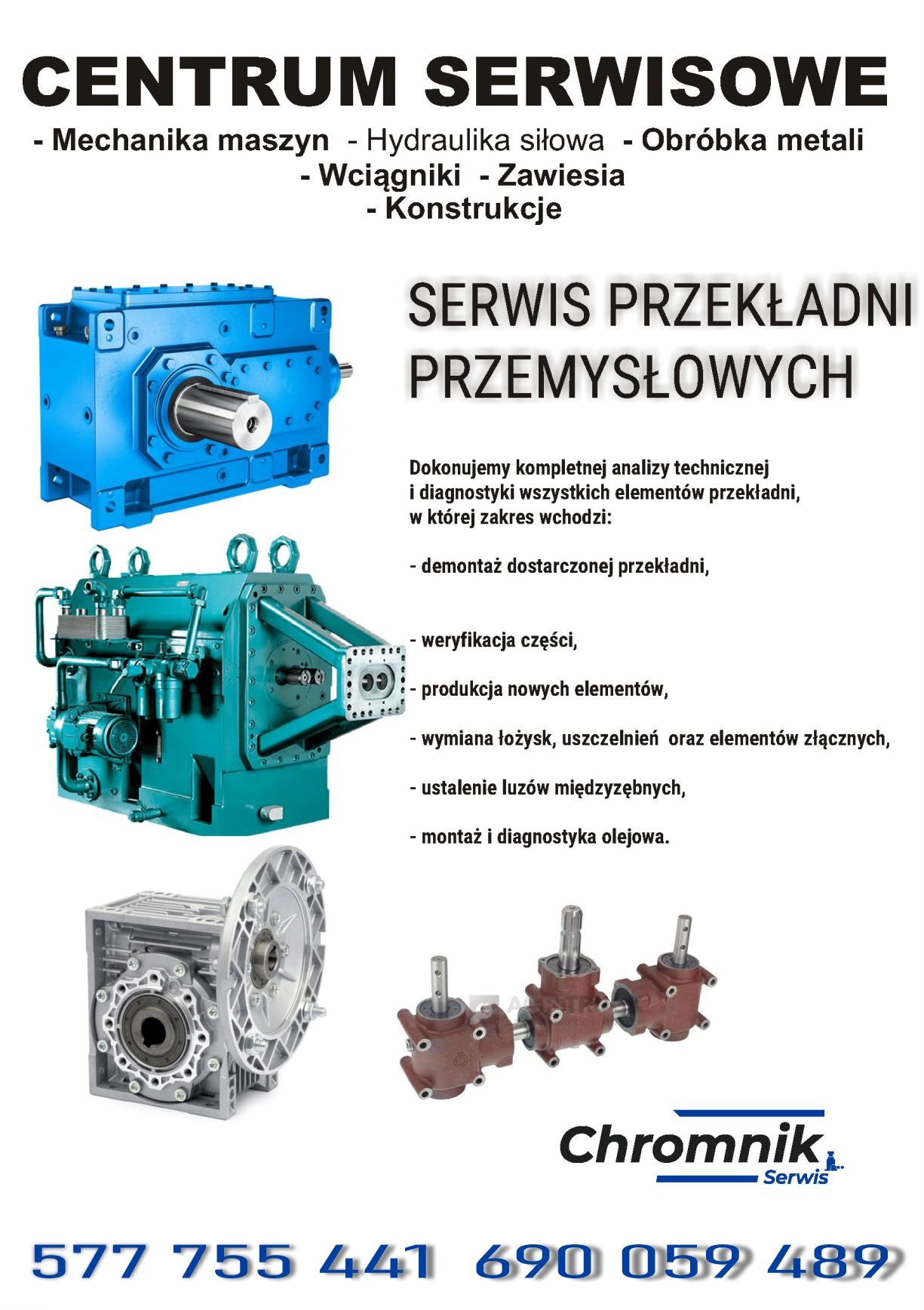 Reklama centrum serwisowego przekładni przemysłowych, z przykładami przekładni w różnych rozmiarach i kolorach, oraz numerami telefonów kontaktowych.