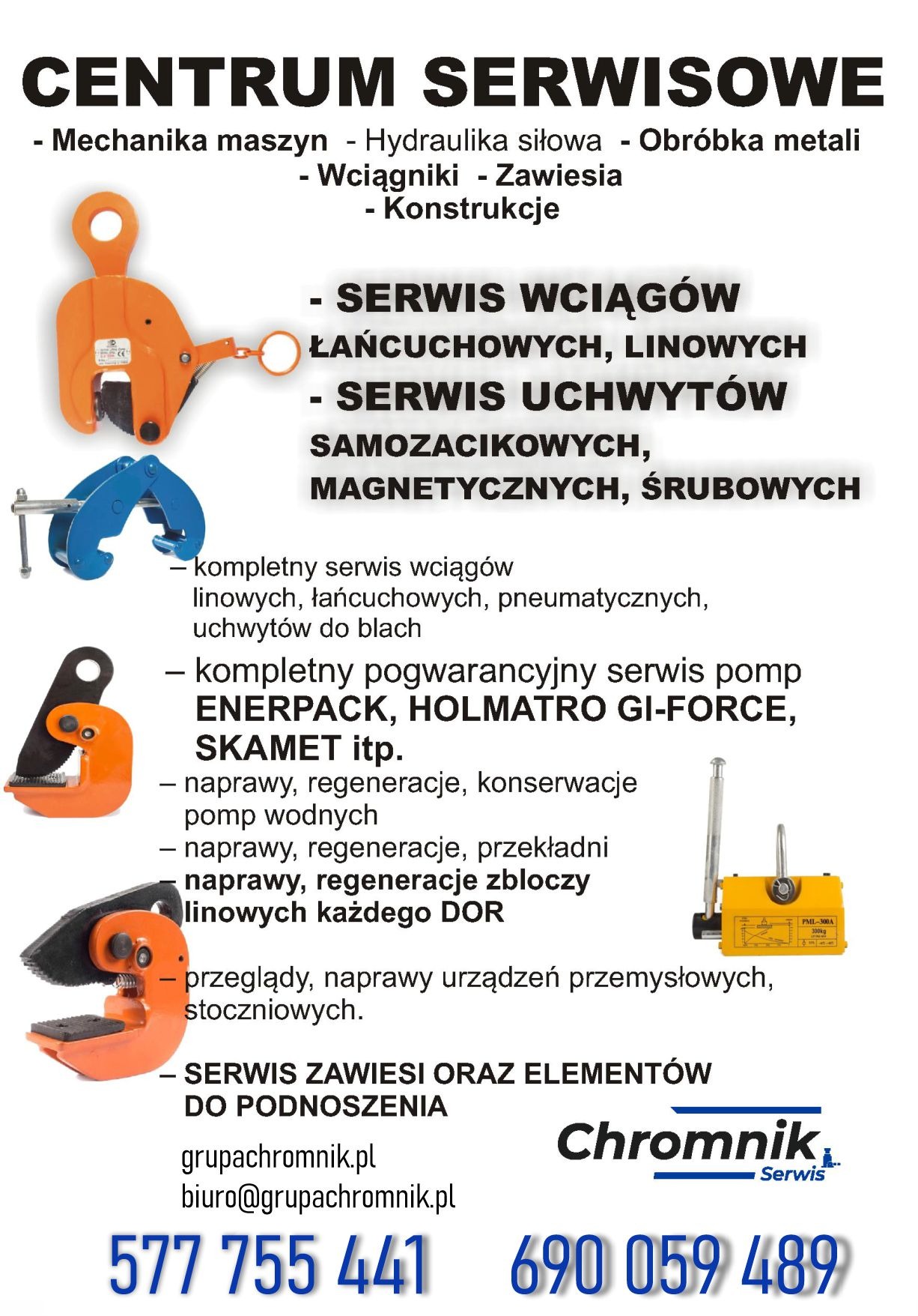 Plakat reklamowy centrum serwisowego wciągów, uchwytów samozaciskowych, magnetycznych i śrubowych, z przykładami urządzeń i danymi kontaktowymi.