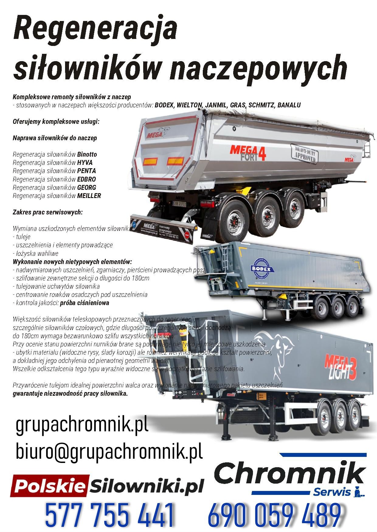 Reklama firmy oferującej regenerację siłowników naczepowych różnych producentów, z wyszczególnieniem zakresu prac serwisowych i adresami kontaktowymi.