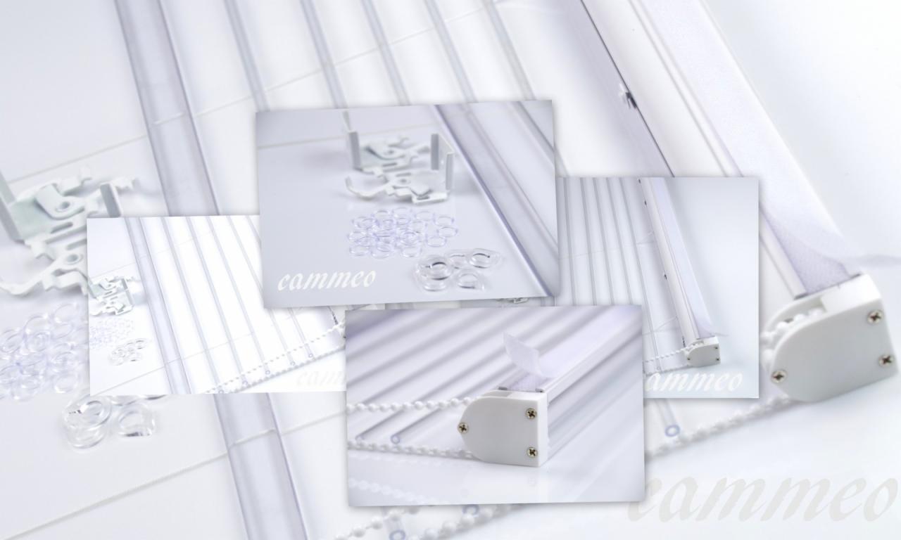 Kompozycja detali i mechanizmów rolety plisowanej na białym tle, prezentująca elementy montażowe i sterujące.