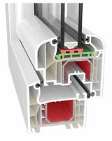 Przekrój profilu okna PCV z Gryfic, ukazujący wielokomorową konstrukcję i elementy uszczelniające.