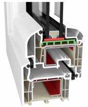 Przekrój okna PCV ukazujący wielokomorową budowę profilu, uszczelki i detale konstrukcyjne.