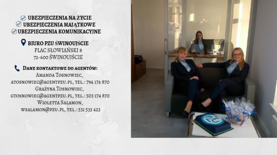 Biuro PZU w Świnoujściu: dwie agentki siedzą na kanapie, w tle trzecia osoba przy biurku, na pierwszym planie tort z logo PZU i upominki.