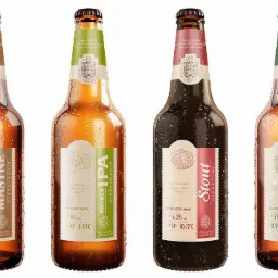 Cztery butelki piwa Cieszyńskie różnych rodzajów (Mastne, Double IPA, Stout, Lager) z kroplami wody na powierzchni, każda z etykietą w odcieniach brązu, zieleni i czerwieni, prezentowane na białym...