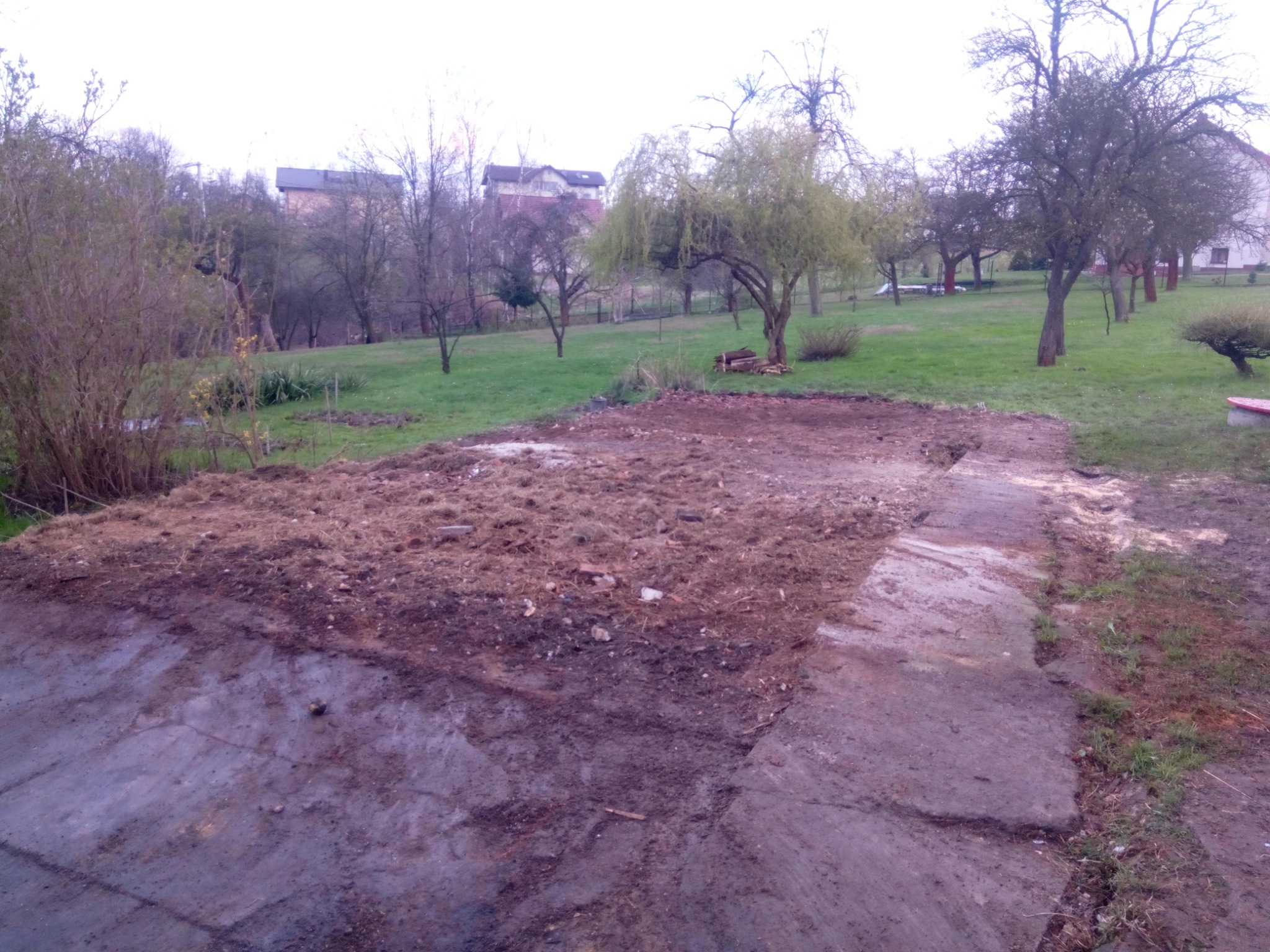 Teren po wycince drzew i krzewów, z widocznymi fragmentami starego chodnika, w tle zieleń i budynki.
