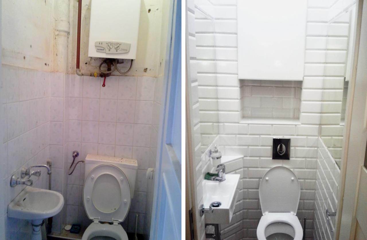 Porównanie stanu łazienki przed i po odnowieniu: po lewej stronie widoczny stary, zaniedbany wystrój z brudnymi płytkami i przestarzałym wyposażeniem; po prawej stronie nowoczesna, odświeżona...