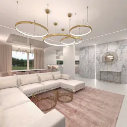 Jasny salon z narożną sofą, okrągłymi stolikami kawowymi z metalową podstawą, marmurową ścianą z geometrycznym wzorem i okrągłym lustrem oraz złotymi lampami wiszącymi w kształcie okręgów.