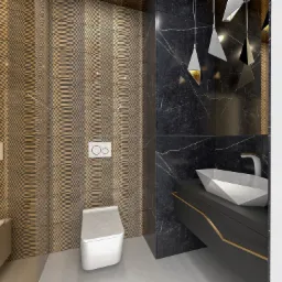 Nowoczesna łazienka z toaletą, umywalką w kształcie diamentu i marmurową ścianą z żyłami, oświetlona wiszącymi lampami w geometrycznych kształtach.