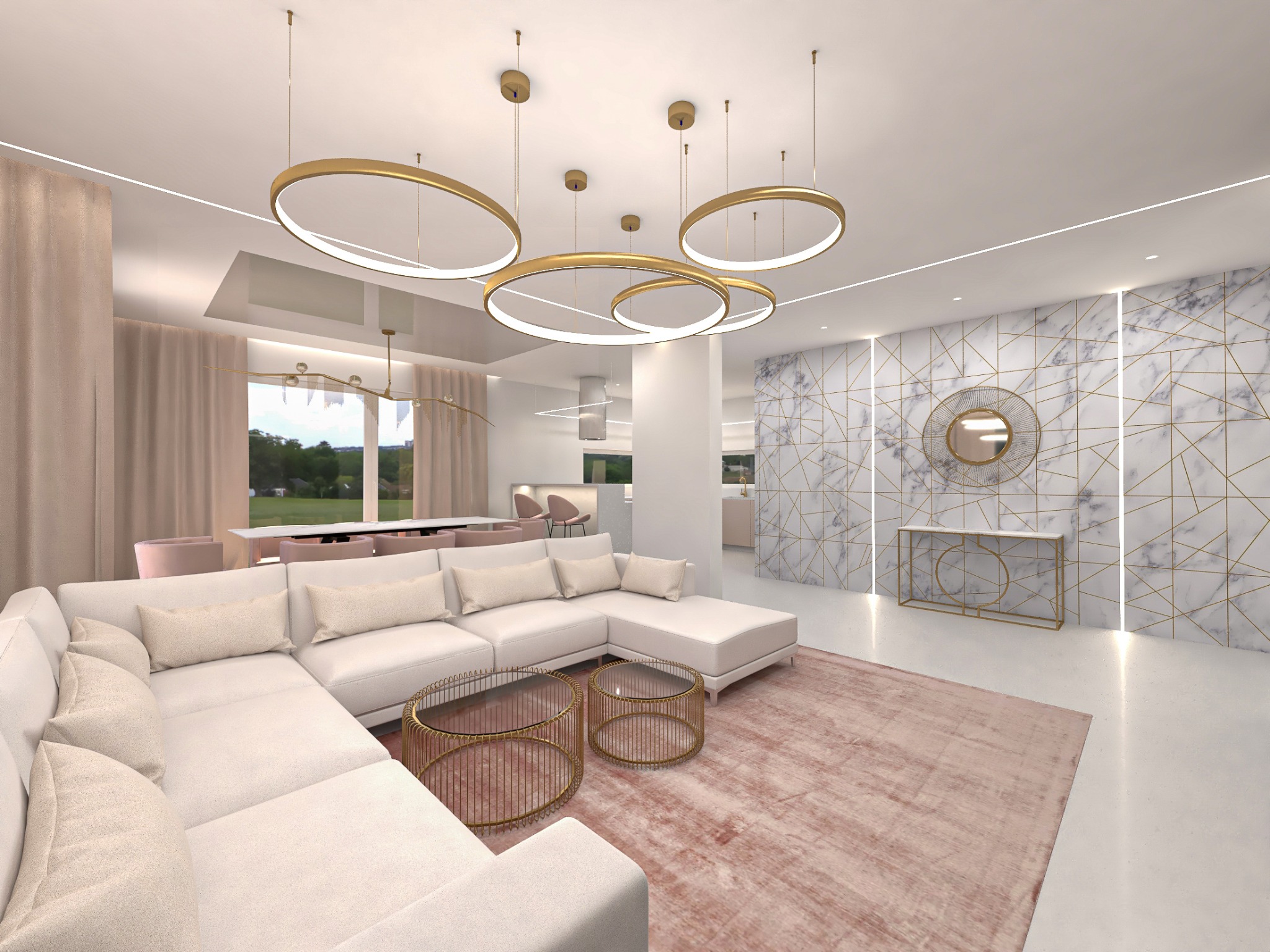 Jasny salon z narożną sofą, okrągłymi stolikami kawowymi z metalową podstawą, marmurową ścianą z geometrycznym wzorem i okrągłym lustrem oraz złotymi lampami wiszącymi w kształcie okręgów.