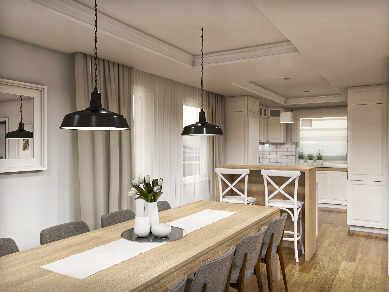 Jasna jadalnia z drewnianym stołem, szarymi krzesłami, białymi dekoracjami i czarnymi lampami wiszącymi w stylu industrialnym, połączona z kuchnią z białymi szafkami i drewnianym blatem.