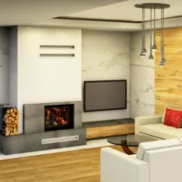 Nowoczesny salon z centralnie umieszczonym biokominkiem w obudowie z szarego kamienia, drewnem ułożonym obok, marmurową ścianą w tle i minimalistycznym oświetleniem wiszącym.