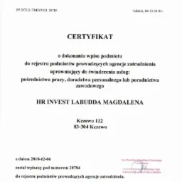 Certyfikat Agencji Pracy