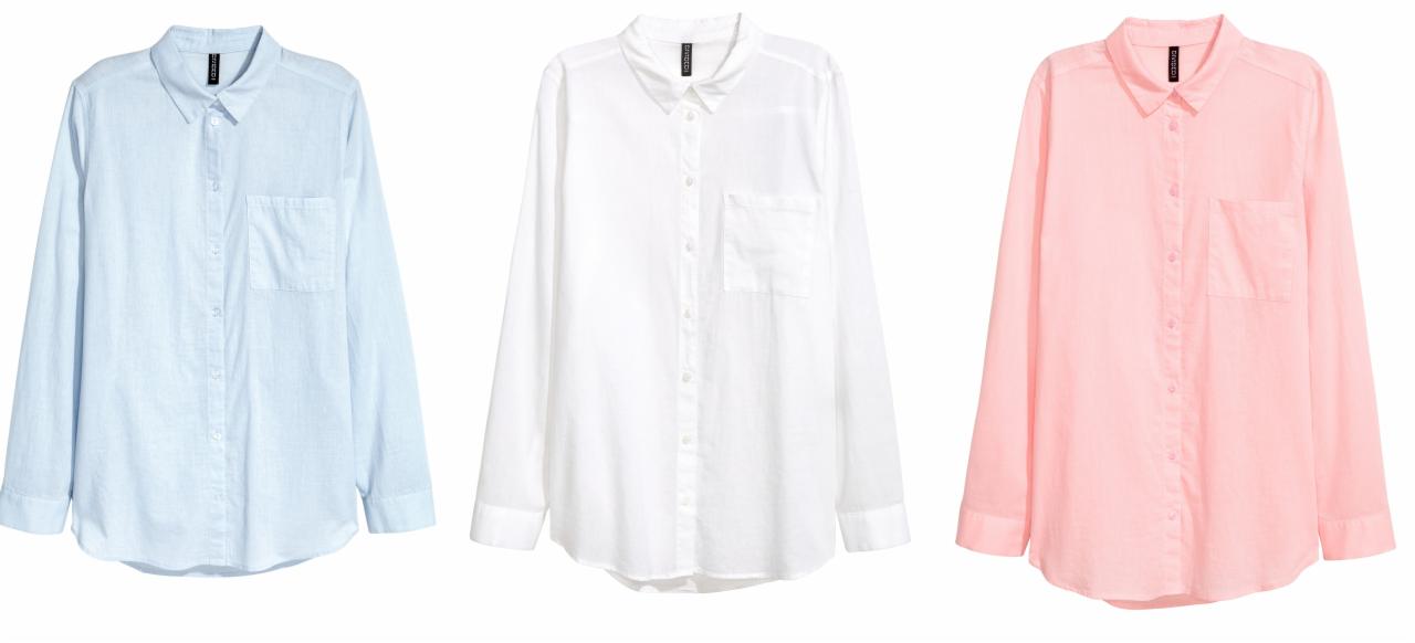 Trzy bawełniane koszule z długim rękawem: błękitna, biała i różowa, z widocznym logo marki na kołnierzyku, ułożone obok siebie na białym tle.