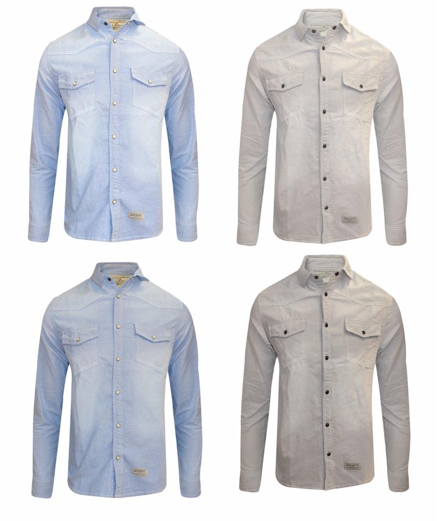 Kolaż czterech koszul męskich z długim rękawem w odcieniach błękitu i szarości, widoczne kieszenie na piersiach i guziki.