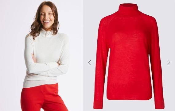 Kobieta uśmiecha się, prezentując kremowy golf z długim rękawem i czerwone spodnie. Obok, na białym tle, widoczny czerwony golf z długim rękawem.