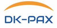 Niebieskie logo DK-PAX z pomarańczowym łukiem nad napisem.