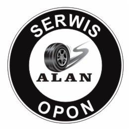 Czarno-białe logo serwisu opon ALAN z symbolem opony w ruchu.