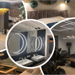 Kolaż przedstawiający różne pomieszczenia: sypialnię z oświetleniem LED, łazienkę z okrągłymi lustrami podświetlanymi LED, salon z lampami wiszącymi i podświetleniem sufitowym LED oraz pokój...