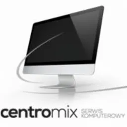 Monitor iMac z czarnym ekranem na białym tle, z logo 'centromix serwis komputerowy' w lewym dolnym rogu. Kabel zasilający biegnie wzdłuż prawego boku podstawy.