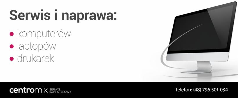 Grafika reklamowa serwisu komputerowego z iMaciem, listą usług (komputery, laptopy, drukarki) i danymi kontaktowymi firmy Centromix.