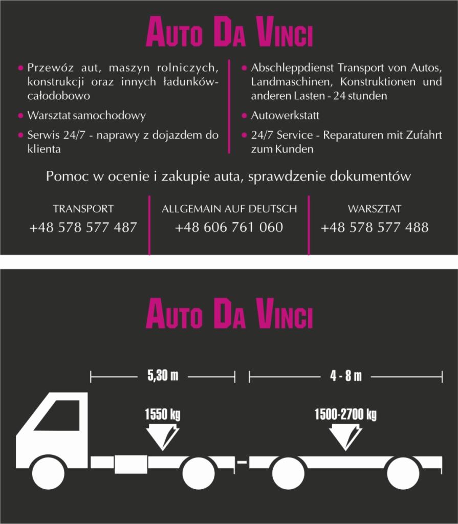 Grafika reklamowa firmy Auto Da Vinci oferującej transport aut, maszyn rolniczych i innych ładunków, serwis 24/7 z dojazdem do klienta oraz pomoc w ocenie i zakupie auta, z podanymi numerami...