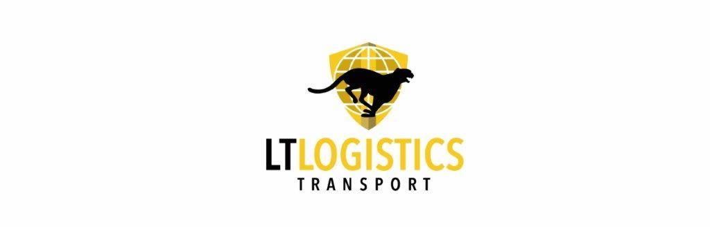 Logo firmy LT Logistics Transport: czarny gepard biegnący na tle żółtej tarczy z siatką globu.