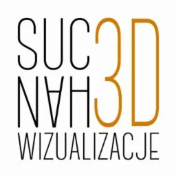 Minimalistyczne logo firmy wizualizacyjnej z napisem 'SUC NVH' w czerni i '3D' w odcieniu złota, umieszczone nad słowem 'WIZUALIZACJE' również w czerni.