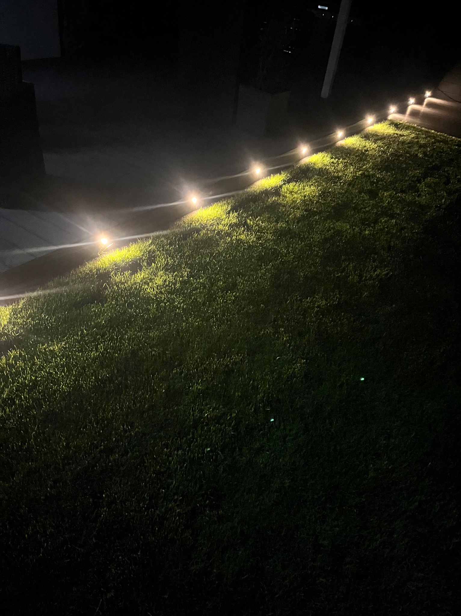 Oświetlony trawnik nocą, rząd małych lamp solarnych wzdłuż krawędzi, tworzących ciepłą linię światła na tle ciemnej zieleni.