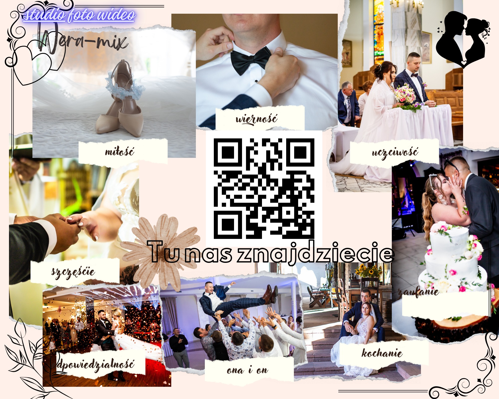 Kolaż zdjęć ślubnych z elementami graficznymi i hasłami: buty panny młodej, poprawianie muchy przez świadka, ceremonia w kościele, wymiana obrączek, pierwszy taniec w konfetti, podrzucanie pana...