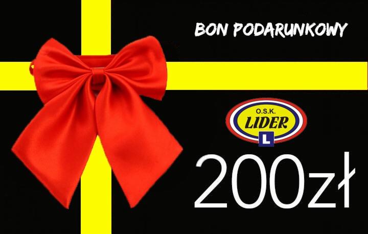 Bon podarunkowy na 200 zł z logo O.S.K. Lider, ozdobiony czerwoną kokardą i żółtymi paskami na czarnym tle.