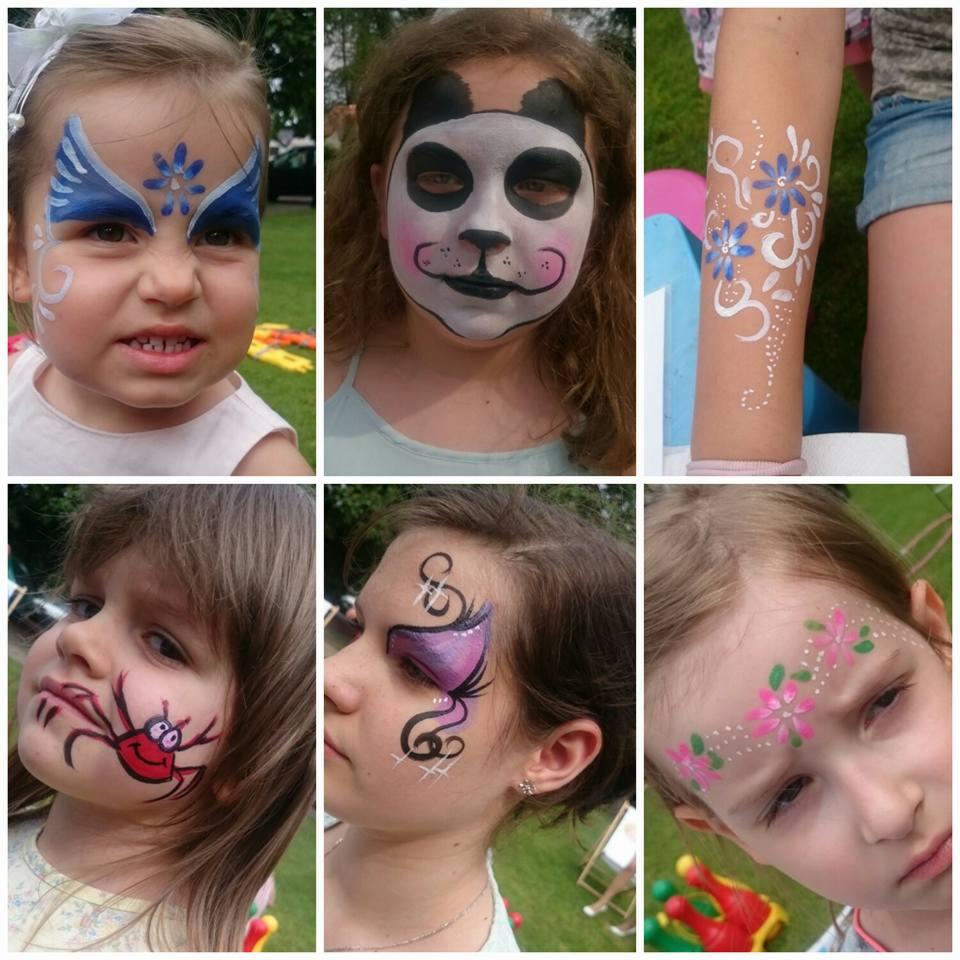 Kolaż sześciu zdjęć przedstawiających dzieci i nastolatków z różnorodnymi wzorami malowanymi na twarzach i ramieniu: motyw motyla, pandy, pająka, abstrakcyjny wzór fioletowy oraz kwiatowy.