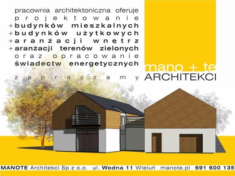 Wizualizacja projektu architektonicznego dwukondygnacyjnego domu z elementami drewna i białego tynku, prezentowana na tle jesiennego krajobrazu i żółtego tła z ofertą pracowni architektonicznej.