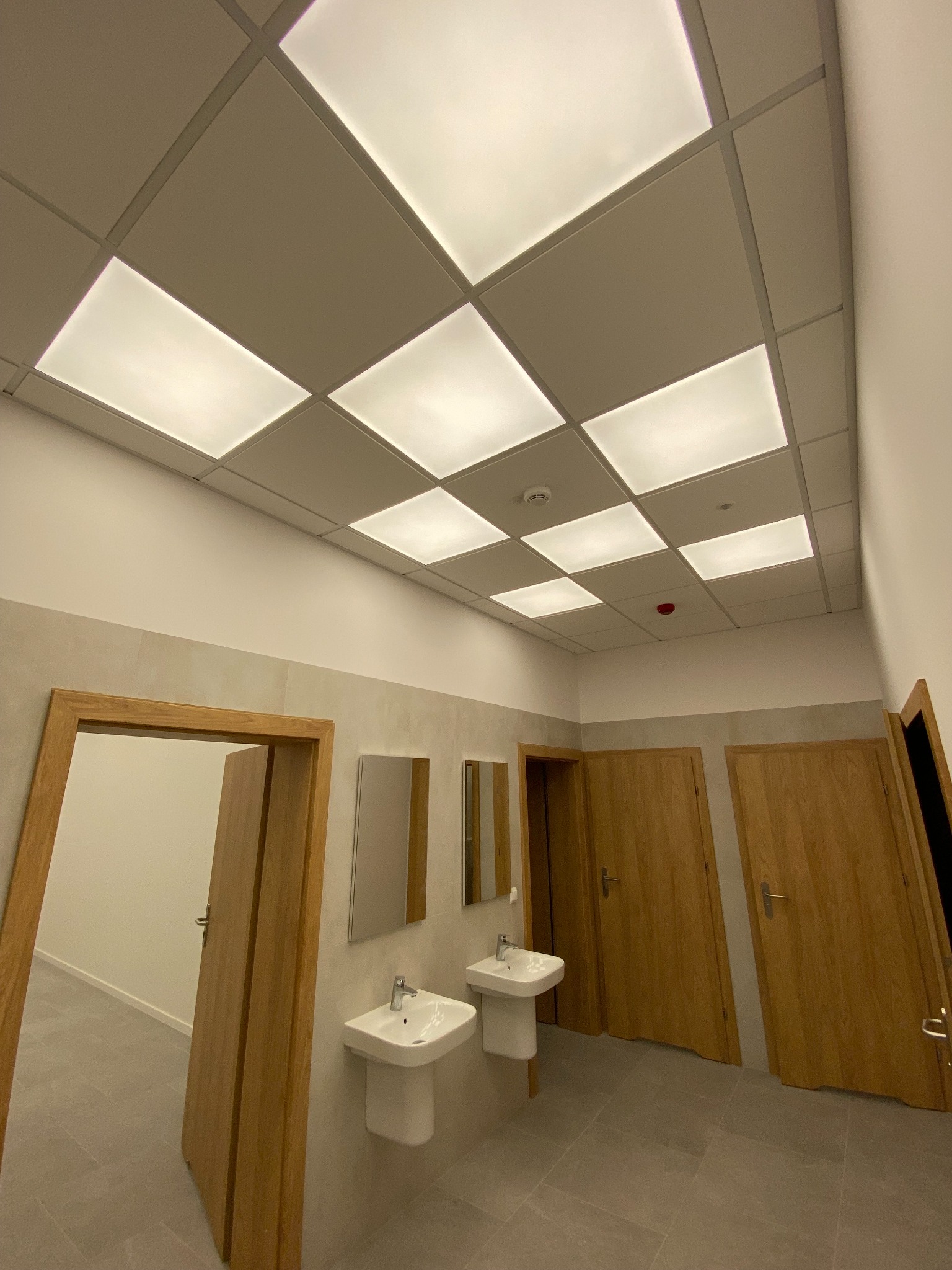 Nowoczesna łazienka publiczna z kwadratowymi panelami LED w suficie, umywalkami na postumentach i drewnianymi drzwiami. Minimalistyczny design, jasne oświetlenie.