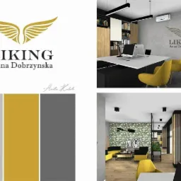 Kolaż prezentujący projekty aranżacji wnętrz biurowych z akcentami w kolorze musztardowym, logo firmy z motywem skrzydeł oraz paletę barw wykorzystanych w projektach.