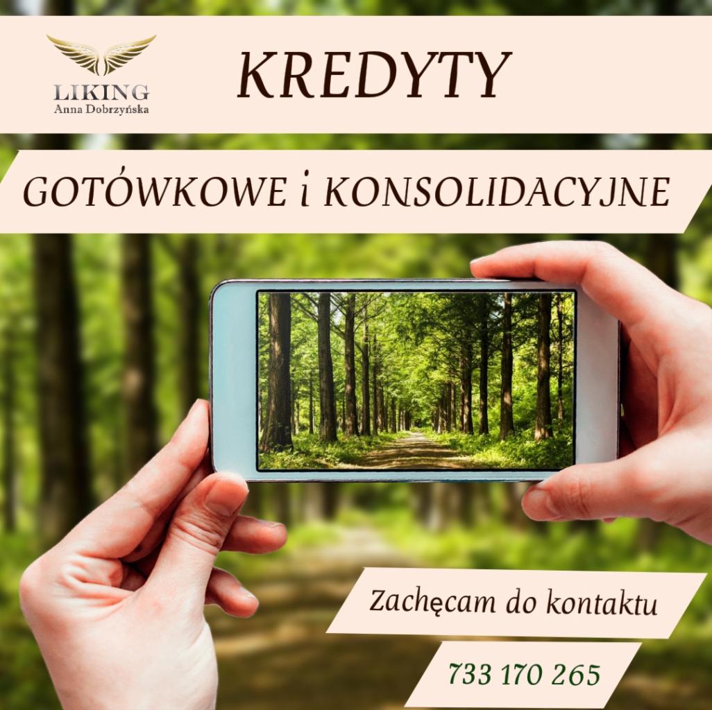 Reklama usług finansowych: dłoń trzyma smartfon wyświetlający leśną ścieżkę, nad nim napis 'Kredyty Gotówkowe i Konsolidacyjne', logo firmy 'LIKING Anna Dobrzyńska' i numer telefonu.