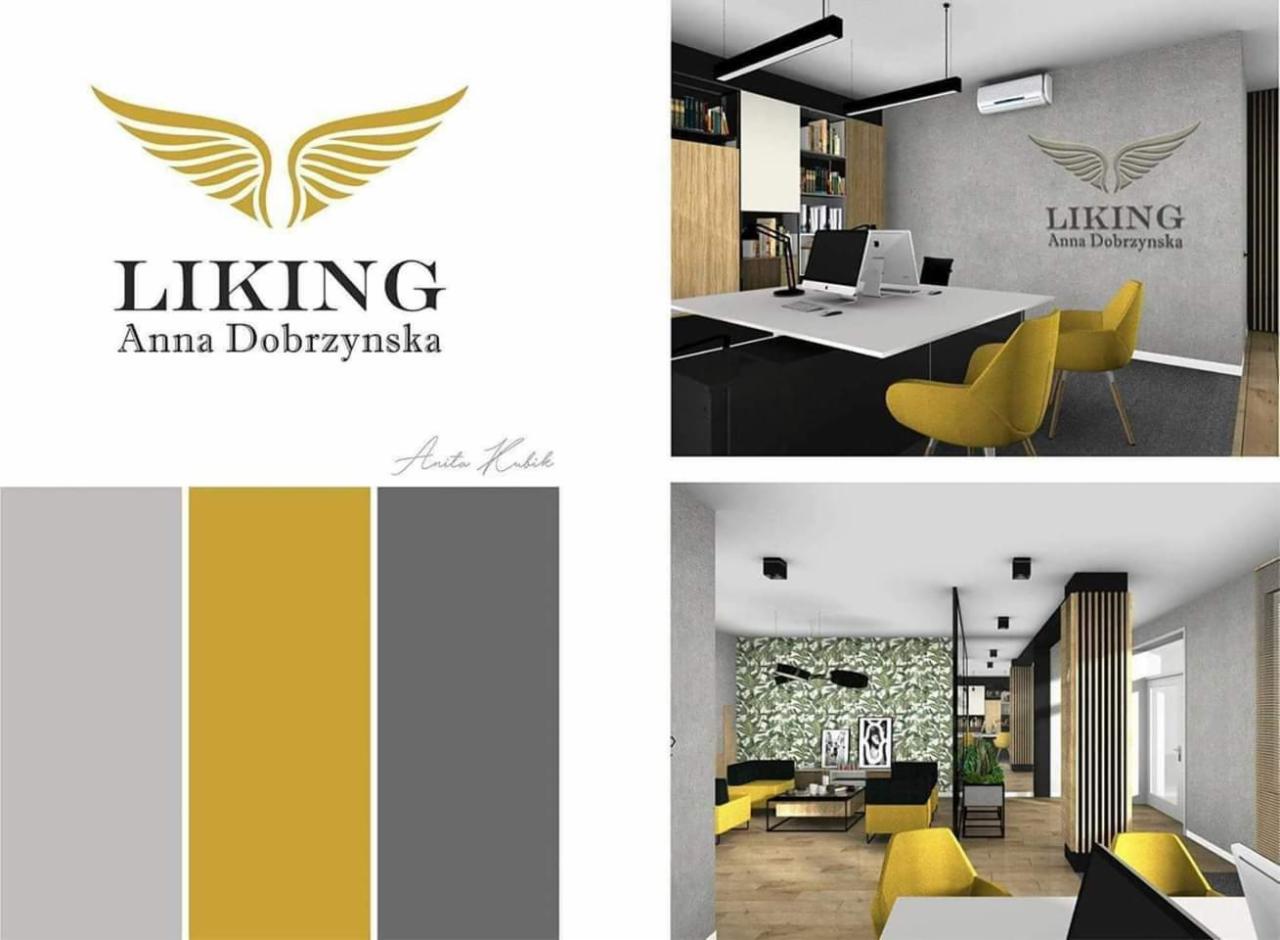 Kolaż prezentujący projekty aranżacji wnętrz biurowych z akcentami w kolorze musztardowym, logo firmy z motywem skrzydeł oraz paletę barw wykorzystanych w projektach.