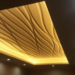 Podwieszany sufit z płyt kartonowo-gipsowych z falistym wzorem i podświetleniem LED, widoczne halogenowe punkty świetlne w suficie.