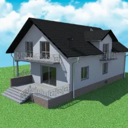 Wizualizacja 3D domu jednorodzinnego z balkonami, czarnym dachem i schodami wejściowymi, na tle błękitnego nieba z chmurami.