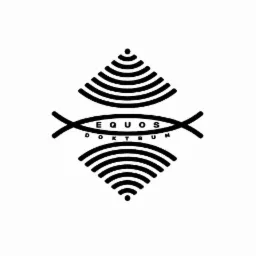 Czarno-białe logo firmy EQUOS DOKTRUM z Rybnika, przedstawiające abstrakcyjny symbol ryby z falami radiowymi powyżej i poniżej.