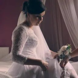 Panna młoda w koronkowej sukni, siedząc na łóżku, zakłada podwiązkę, asystują jej druhny z kwiatami na nadgarstkach, delikatne oświetlenie.