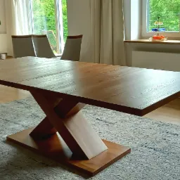 Rozkładany stół z blatem z ciemnego drewna i geometryczną podstawą w kształcie litery X, na tle jasnego salonu z kanapą i oknami.