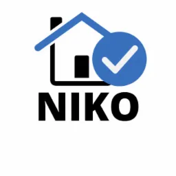 Logo firmy NIKO z symbolem domu i niebieskim znakiem akceptacji.