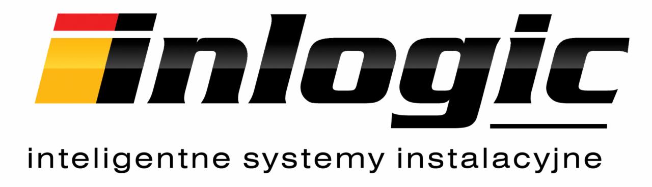 Logo firmy Inlogic z napisem 'inteligentne systemy instalacyjne' poniżej, charakterystyczny element graficzny z kolorami czerwonym, żółtym i czarnym.